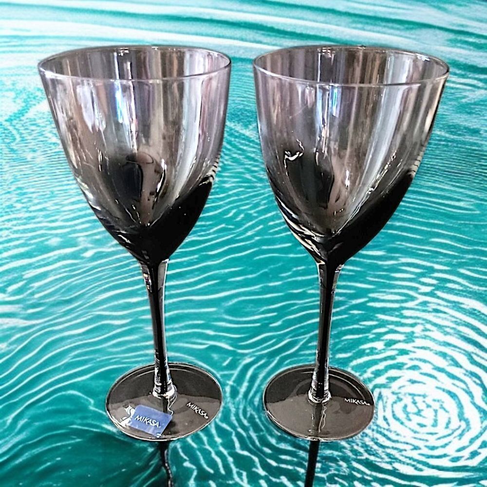 2 Mikasa KYA Smoke Wine Glasses Goblets Red Crystal Elegant Classic Holiday Rare
